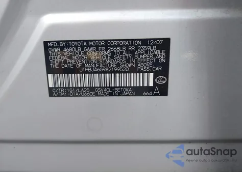 2008 Lexus Es 350 from USA, damaged, VIN JTHBJ46G982199520